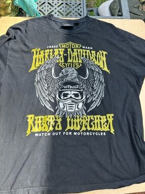 Harley-Davidson Black Tee with Yellow and White Rusty Butcher Graphic